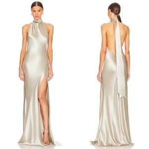 SAU LEE x REVOLVE Penelope Halter Tie Neck Maxi Gown in Silver Sz 4 (Worn once)